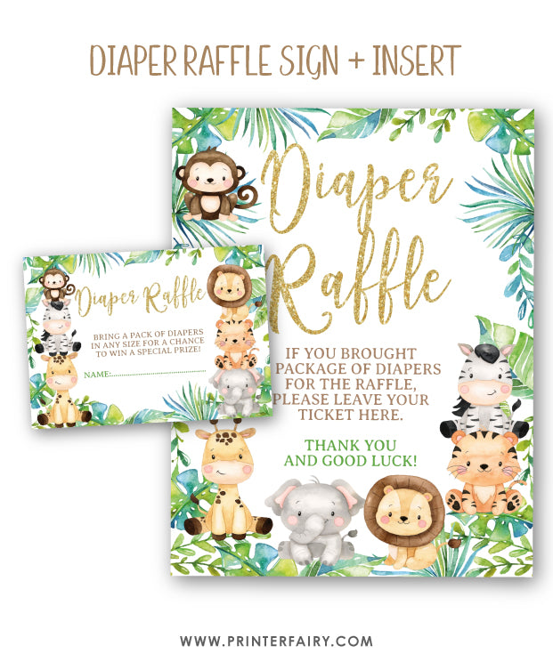 Safari Diaper Raffle Sign and Inserts