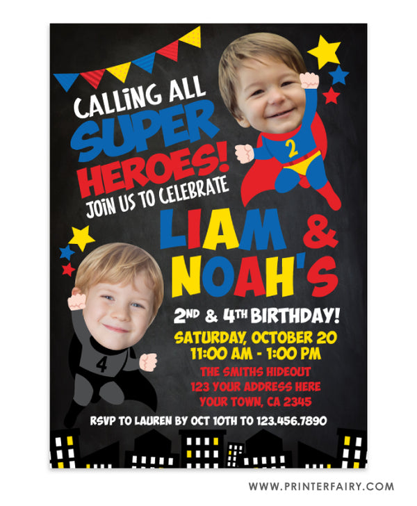 Superhero Siblings Birthday Invitation with Photo
