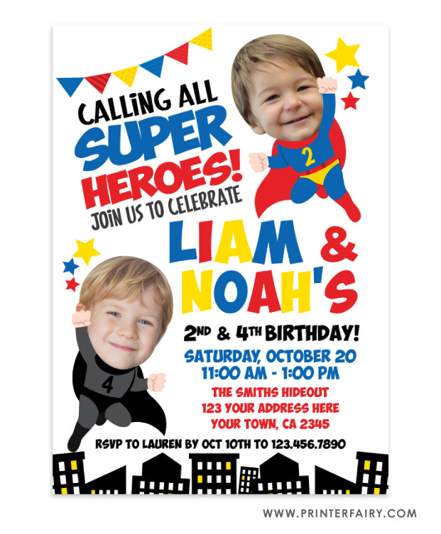 Superhero Siblings Invitation with Photo