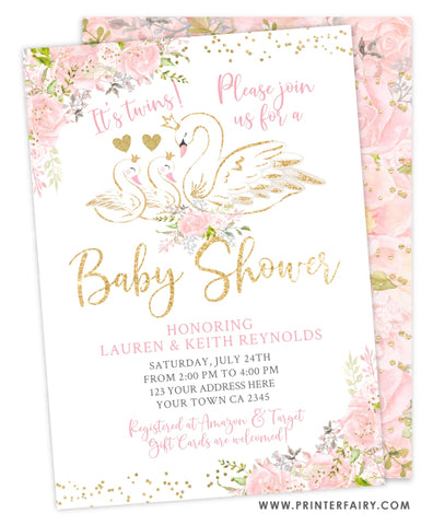 Swan Baby Shower Invitation for Twins