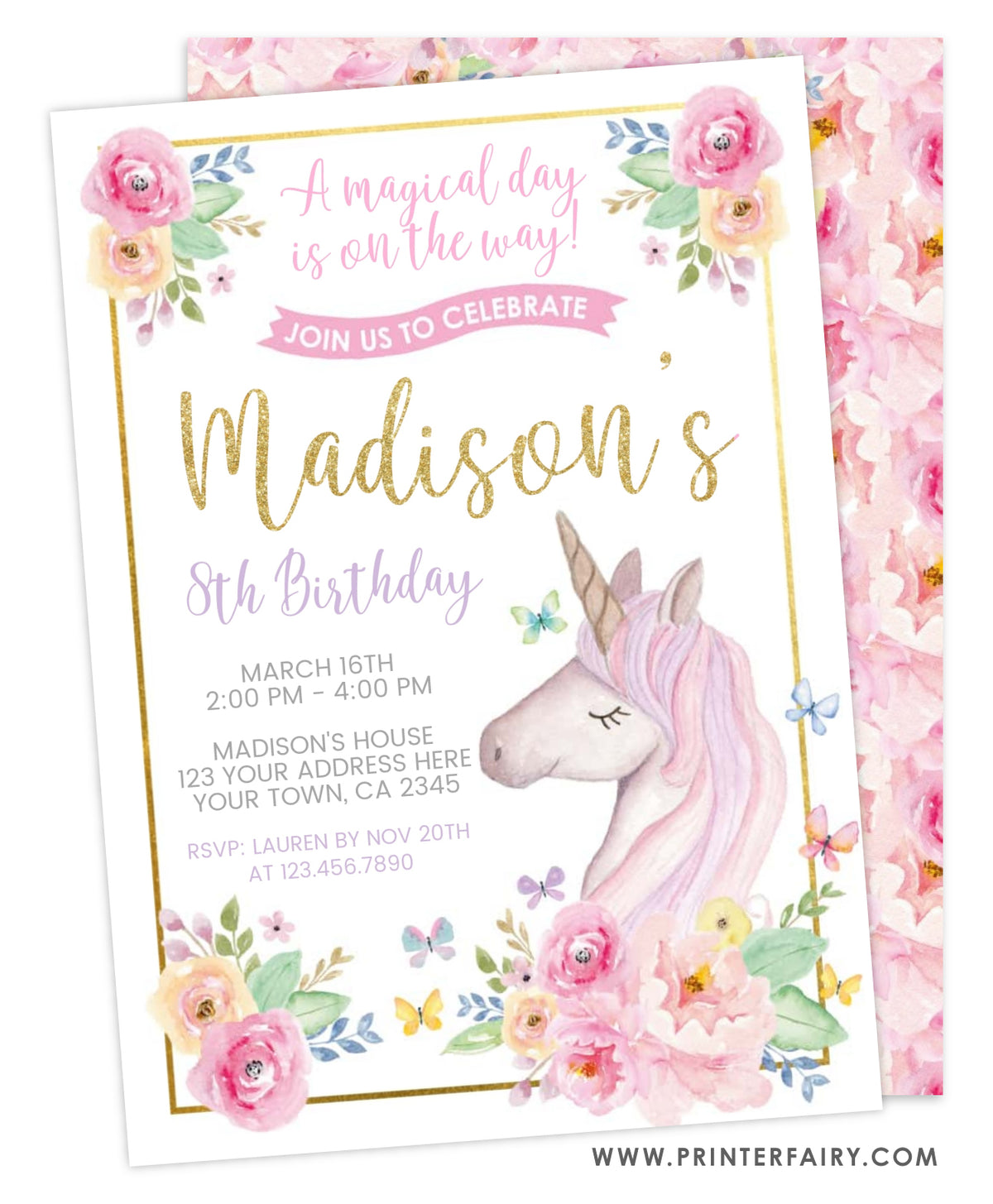 Unicorn Floral Birthday Invitation