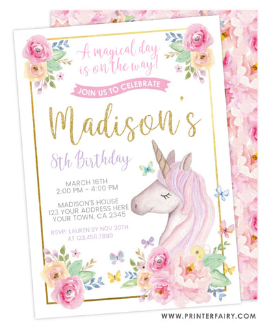 Unicorn Floral Birthday Invitation