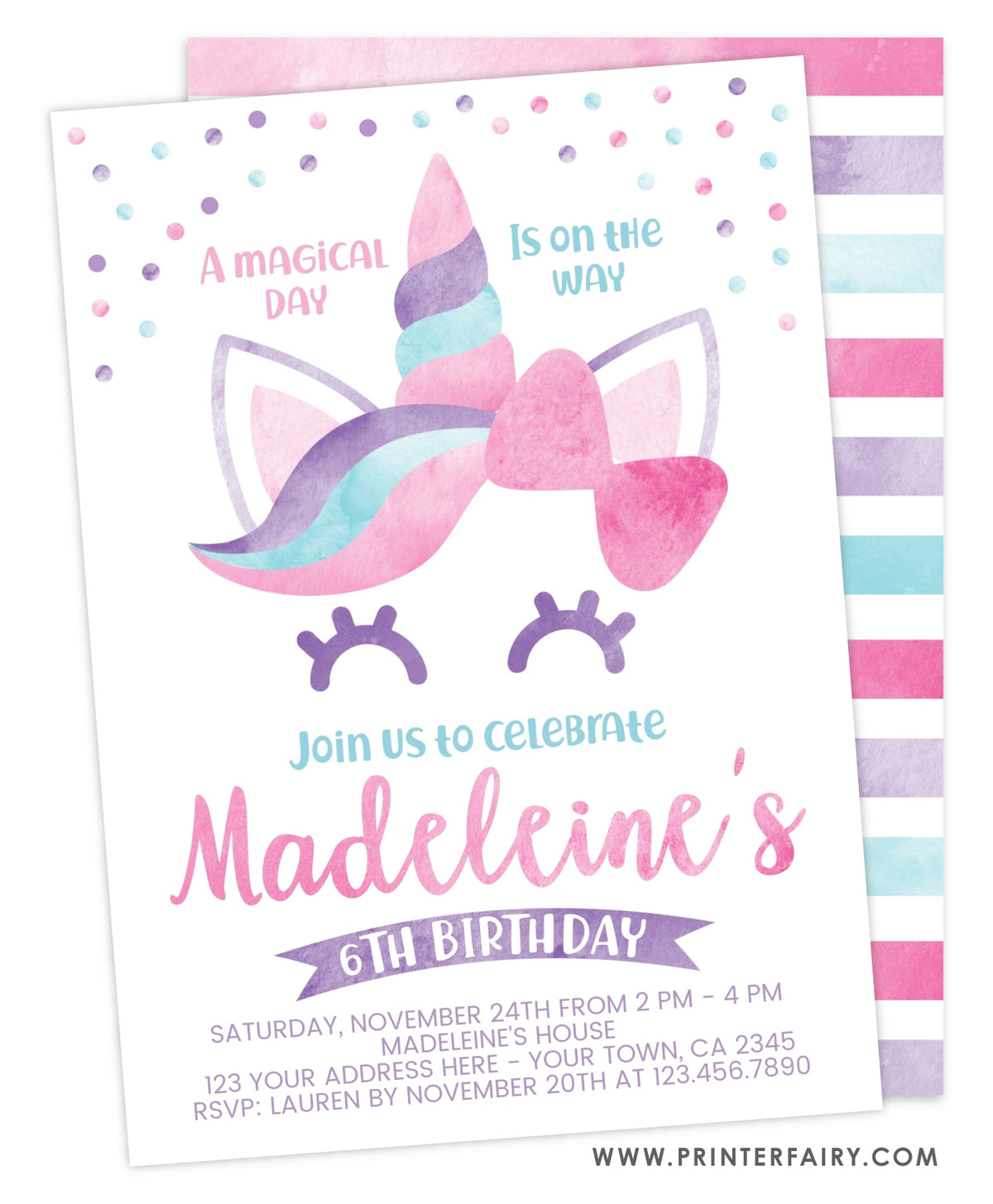 Unicorn Watercolor Party Invitation