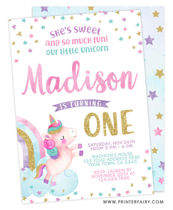 Unicorn First Birthday Invitation