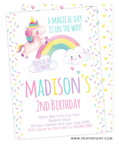 Unicorn Rainbow Sprinkles<br>Birthday Invitations