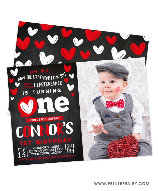 Valentine's Day First Birthday Invitation with Photo