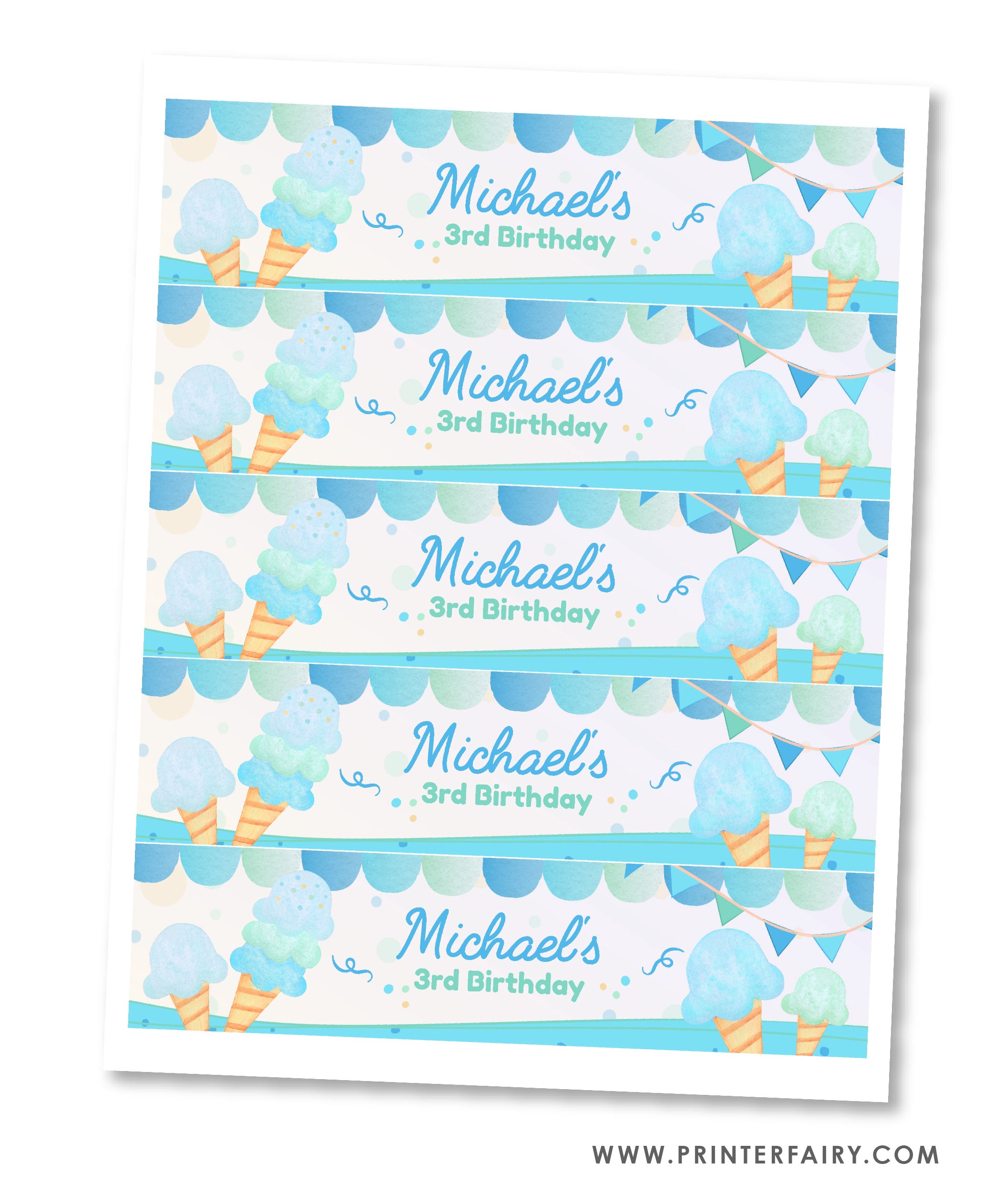 Ice Cream Birthday Water Bottle Label