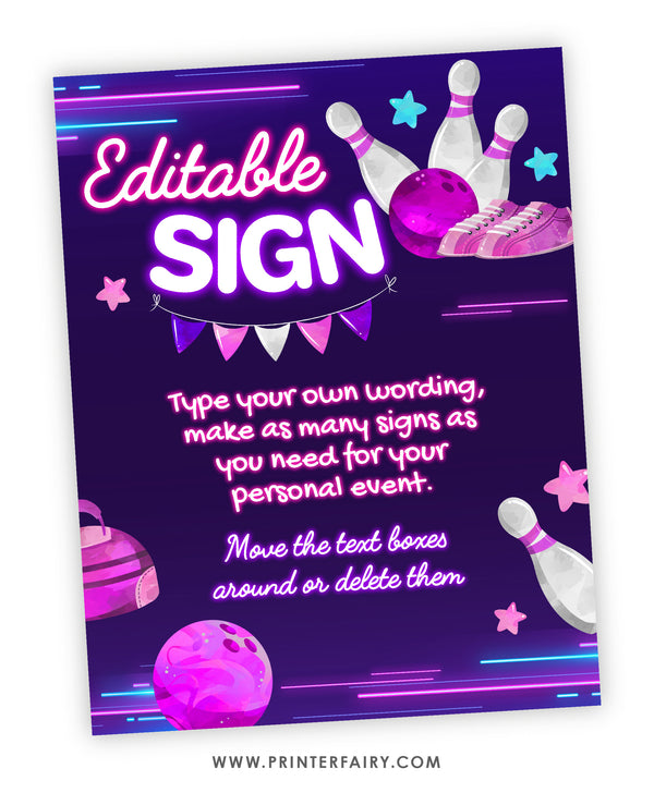 Bowling Birthday Party Editable Sign