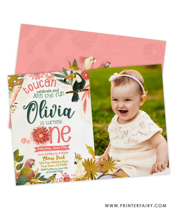 Tropical Birds First Birthday Invitation with Photo