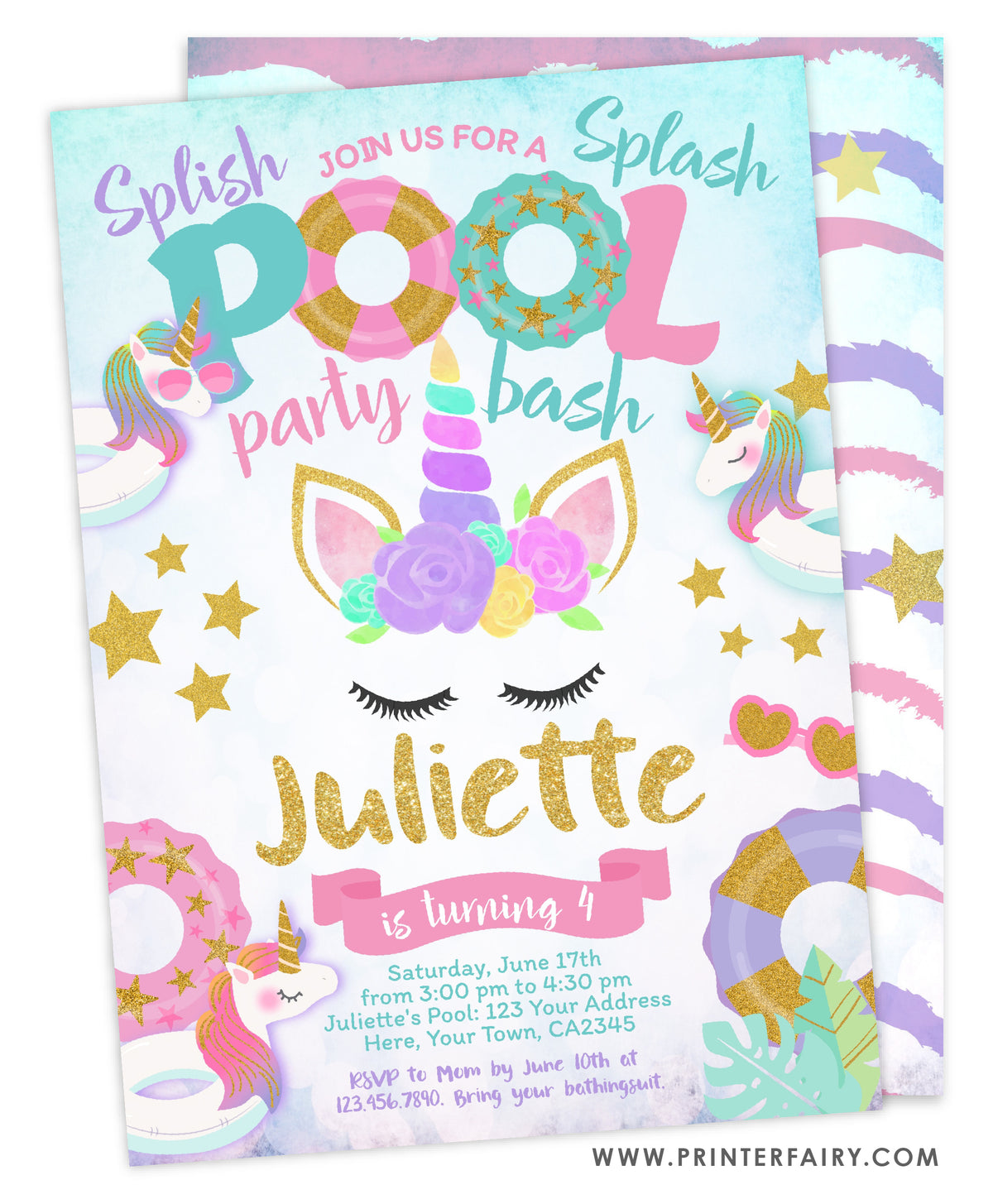 Unicorn Pool Birthday Party Invitation