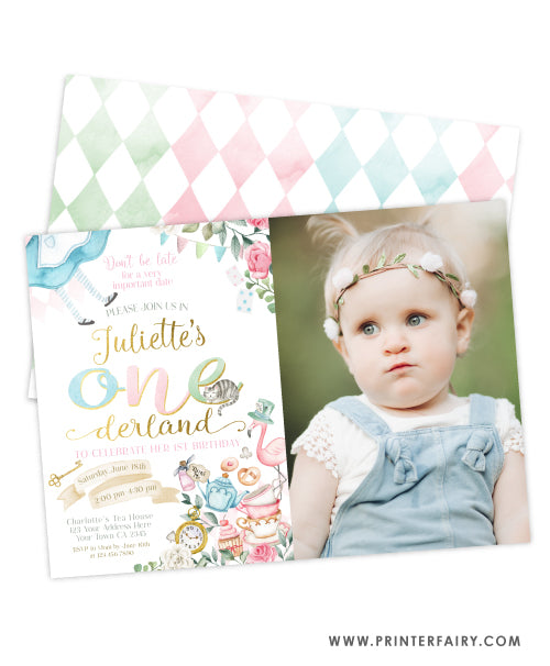 Alice in ONEderland 1st Birthday Invitation with Photo