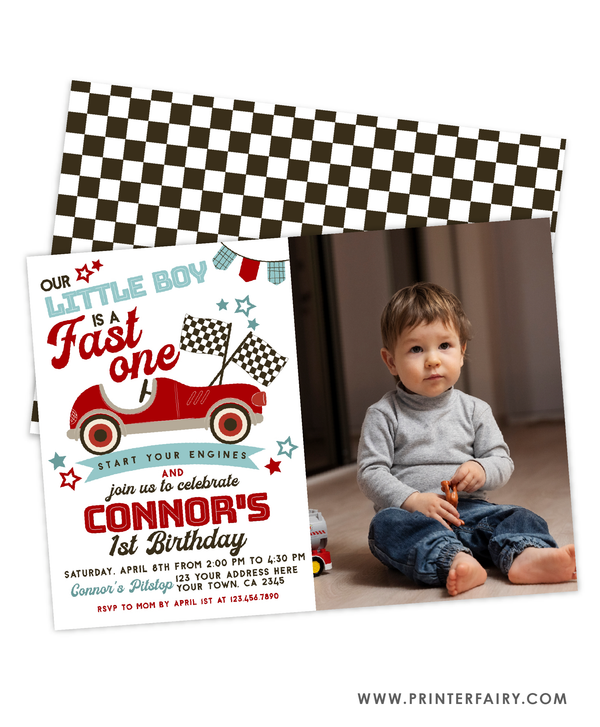 Race Car First Birthday Party Invitation with Photo
