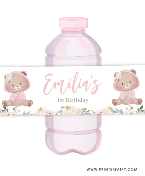 Baby Bear Floral Water Bottle Label