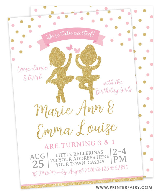 Ballerina Siblings Birthday Party Invitation