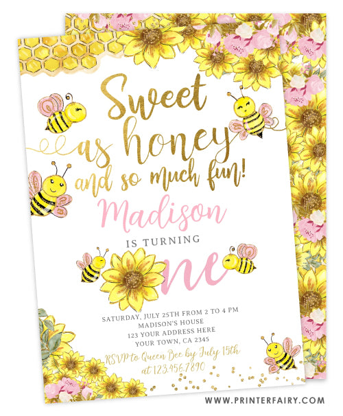 Bee First Birthday Invitation