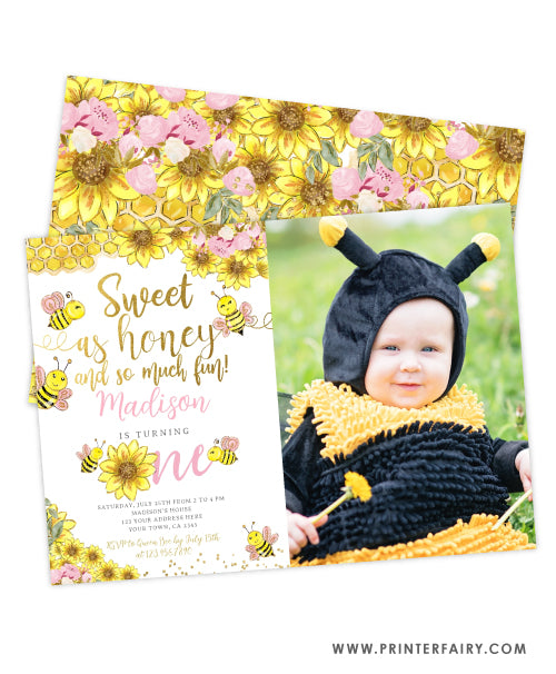 Bee First Birthday Invitation with photo