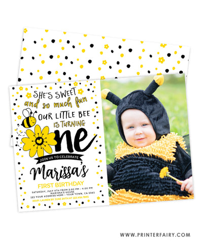 Bee First Birthday Invitation with photo