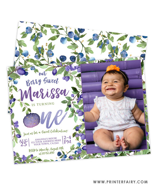 Blueberry First Birthday Invitation with photo