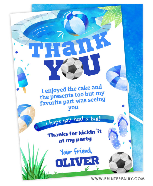 Pool & Soccer Birthday Party Thank You Card