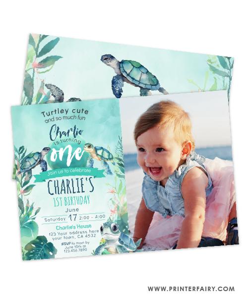 Sea Turtle First Birthday Invitation with photo