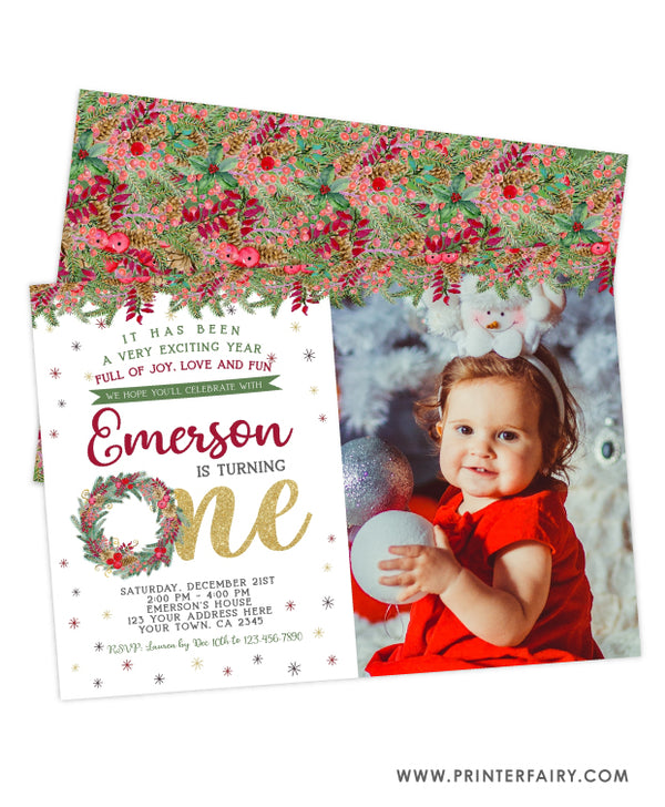 Christmas First Birthday Invitation with Photo