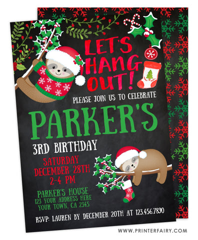 Christmas Sloth Birthday Invitation