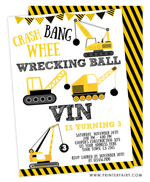 Construction Wrecking Ball Birthday Party Invitation Printerfairy