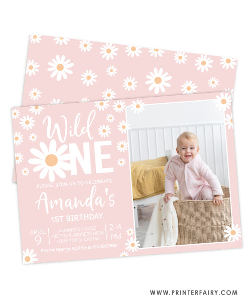 Daisy First Birthday Invitation with photo