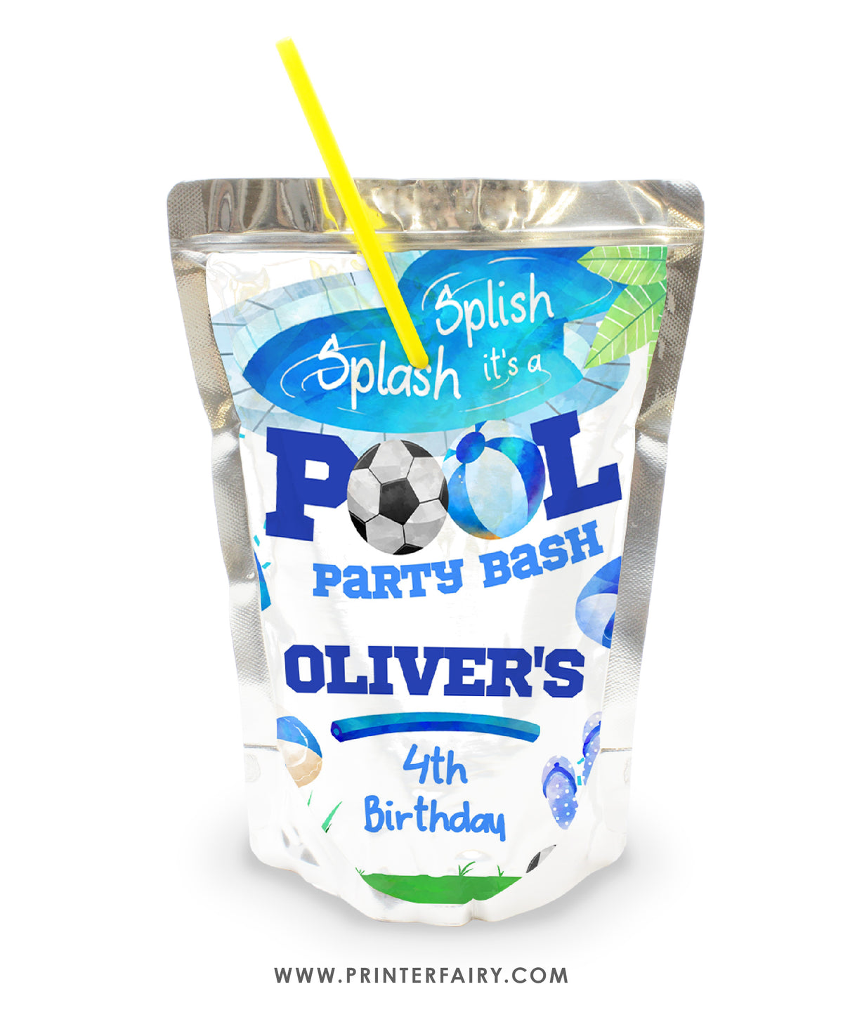 Pool & Soccer Birthday Party Drink Pouch Label