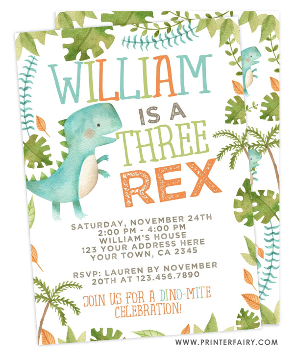 Dinosaur Three Rex Birthday Invitation