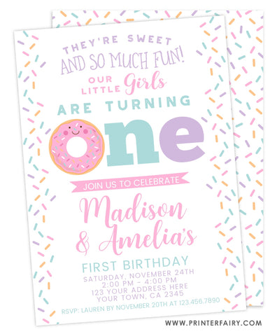 Donut First Birthday Invitation for Twins