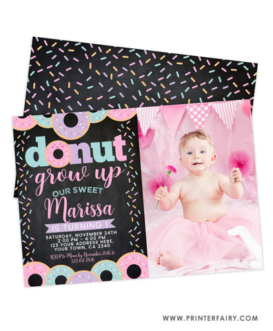 Donut Grow Up First Birthday Invitation with photo