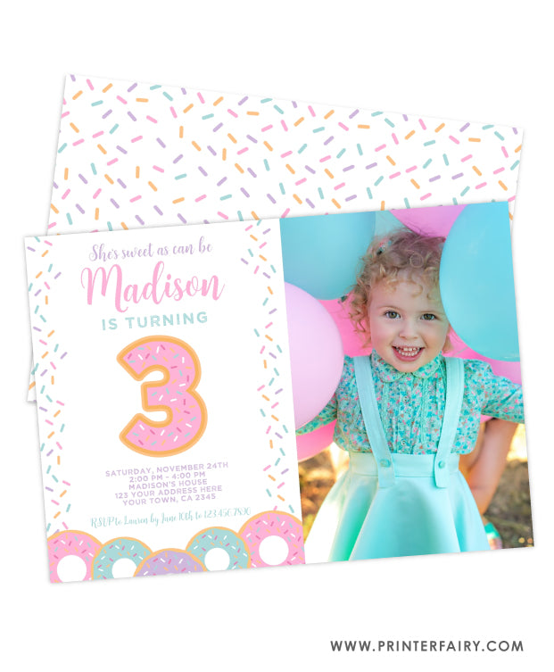 Donut Third Birthday Invitation with Photo