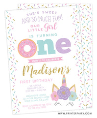 Donut & Unicorn First Birthday Invitation