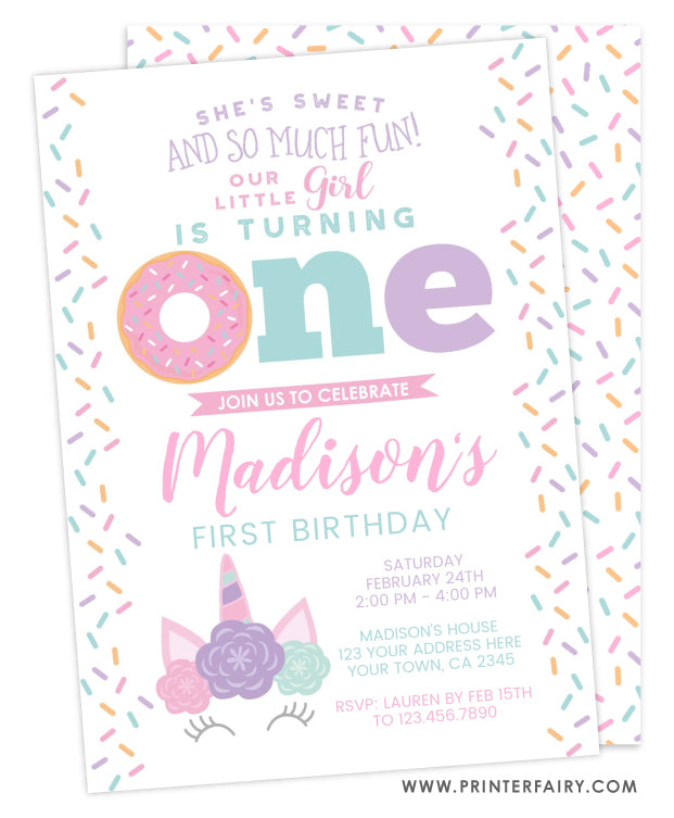 Donut & Unicorn First Birthday Invitation