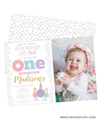 Donut & Unicorn First Birthday Invitation with Photo