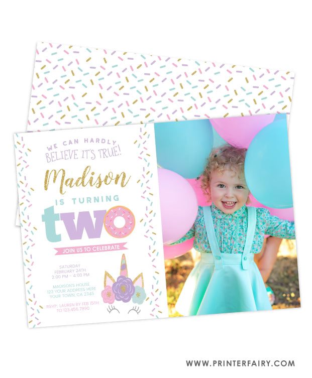 Donut & Unicorn Second Birthday Invitation with Photo