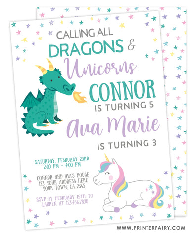 Dragon & Unicorn Birthday Party Invitation