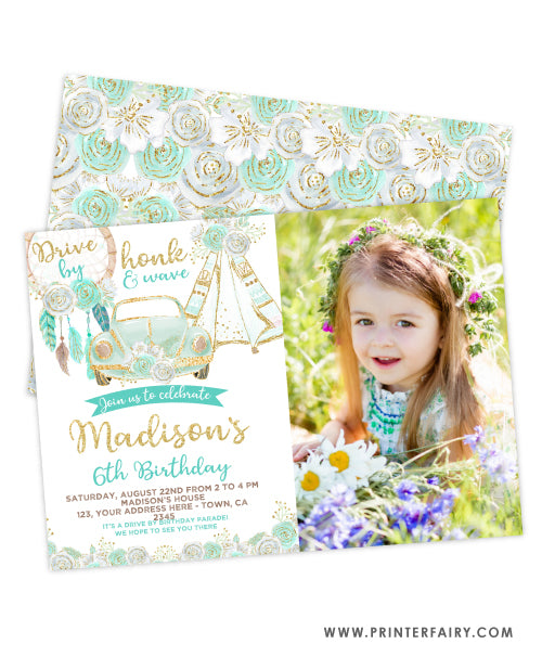 Dreamcatcher Drive By Birthday Invitation with photo