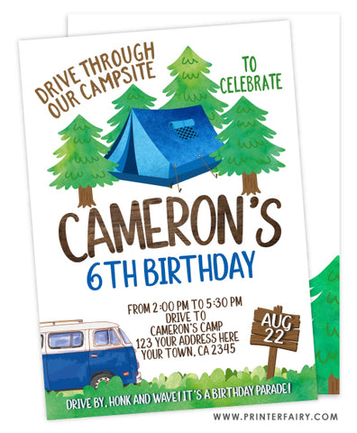 Drive By Camping Birthday Invitation