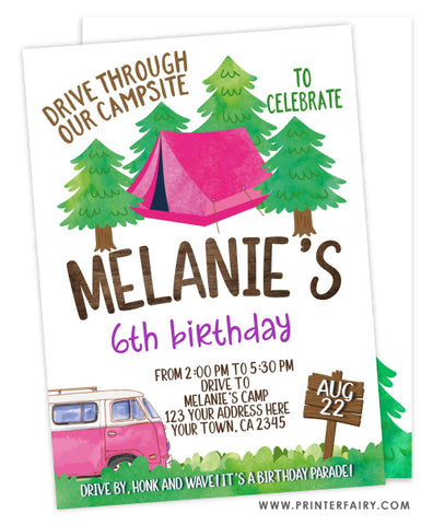 Drive By Camping Birthday Invitation