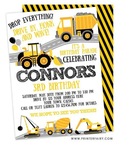 Drive By Construction Birthday Parade Invitation