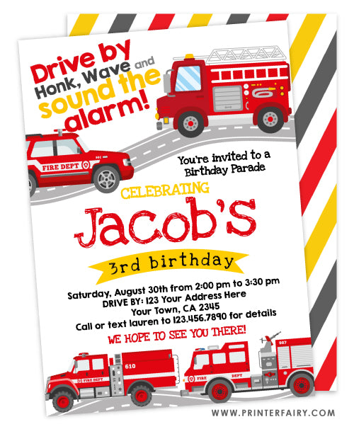 Drive By Firefighter Birthday Parade Invitation