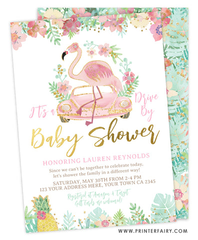 Drive By Flamingle Baby Shower Invitation