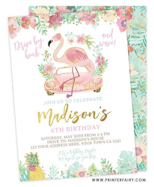 Drive By Flamingle Birthday Invitation