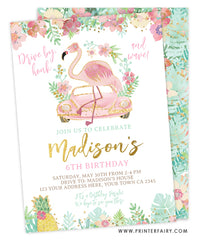 Drive By Flamingle Birthday Invitation