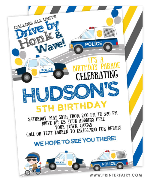 Drive By Police Birthday Parade Invitation
