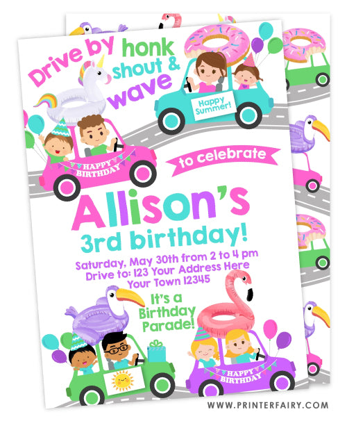 Drive By - Pool Party Birthday Parade Party Invitation