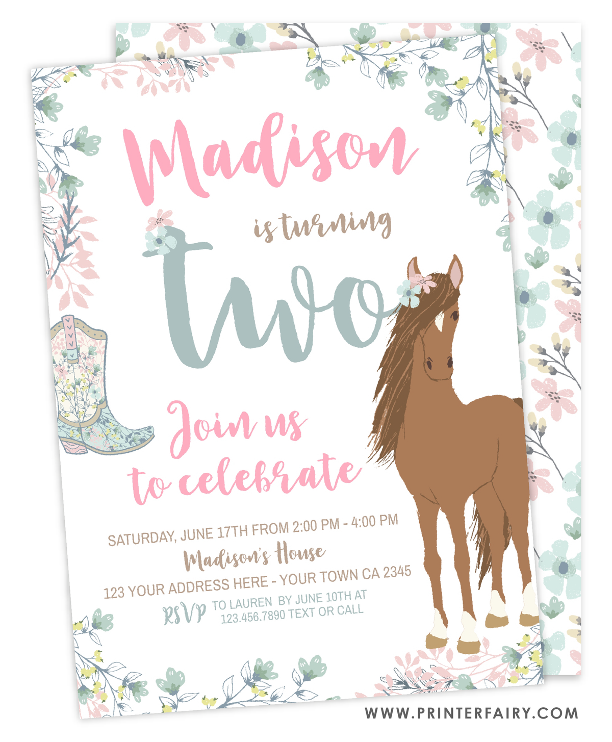 Floral Horse Second Birthday Invitation