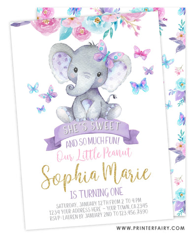 Elephant Floral Birthday Invitation